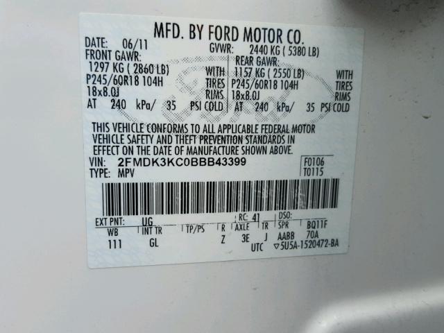 2FMDK3KC0BBB43399 - 2011 FORD EDGE LIMIT WHITE photo 10