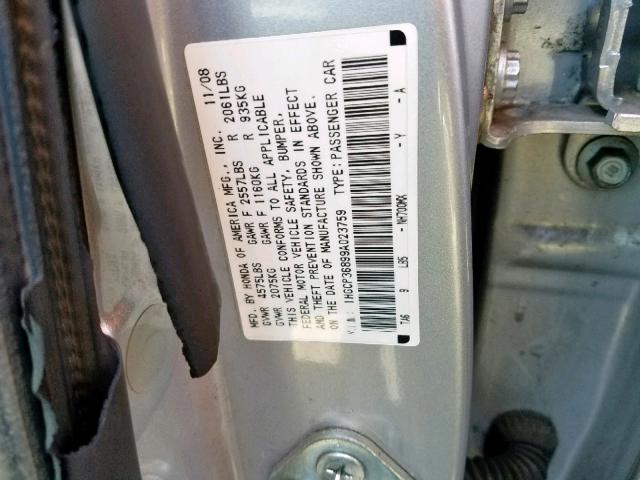 1HGCP36899A023759 - 2009 HONDA ACCORD EXL SILVER photo 10