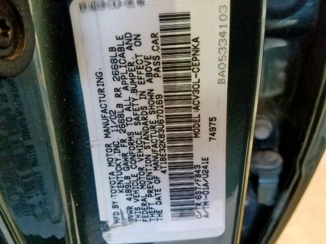 4T1BE32K83U670169 - 2003 TOYOTA CAMRY LE GREEN photo 10