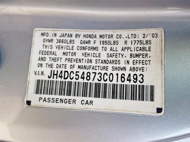 JH4DC54873C016493 - 2003 ACURA RSX SILVER photo 10