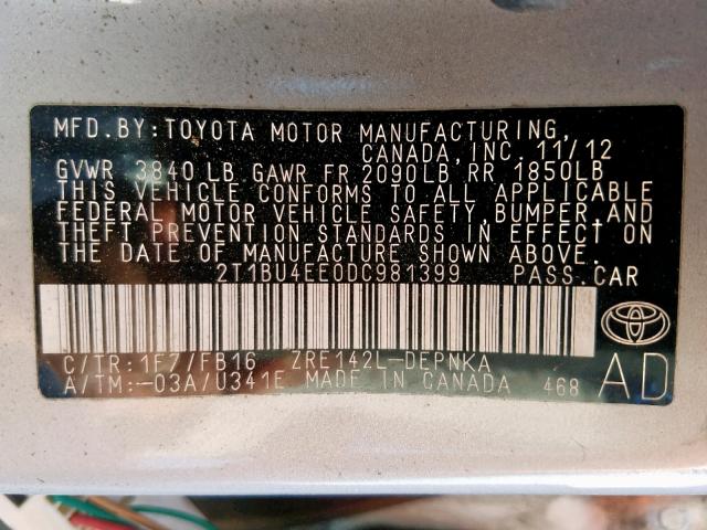 2T1BU4EE0DC981399 - 2013 TOYOTA COROLLA BA SILVER photo 10