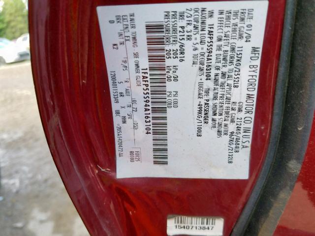 1FAFP55S94A163104 - 2004 FORD TAURUS SES RED photo 10