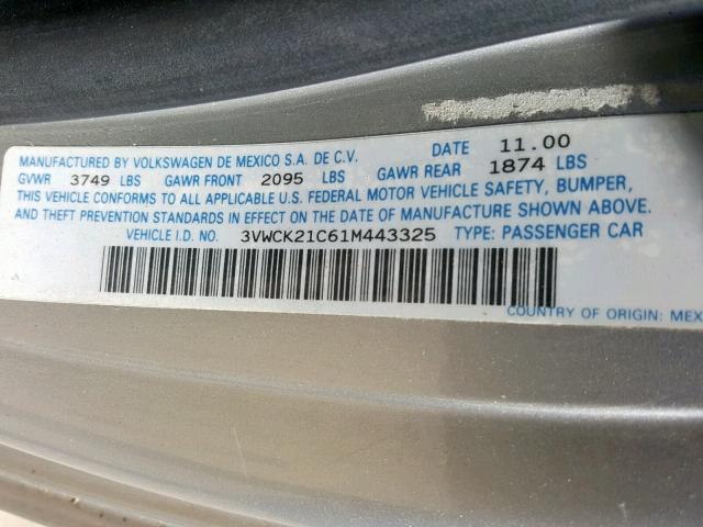 3VWCK21C61M443325 - 2001 VOLKSWAGEN NEW BEETLE ვერცხლისფერი ფოტო 10