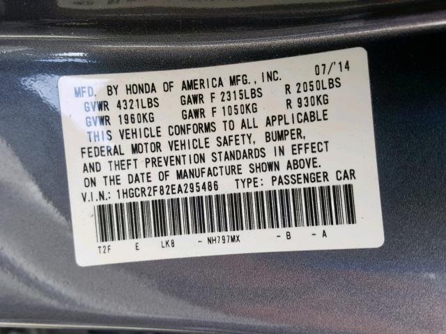 1HGCR2F82EA295486 - 2014 HONDA ACCORD EXL GRAY photo 10