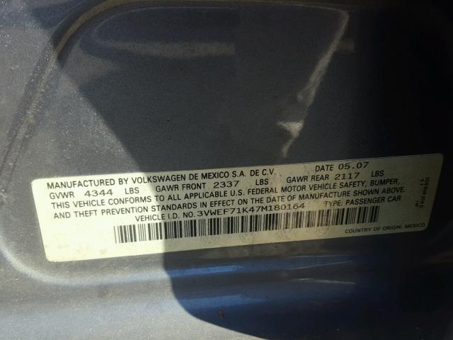 3VWEF71K47M180164 - 2007 VOLKSWAGEN JETTA WOLF SILVER photo 10