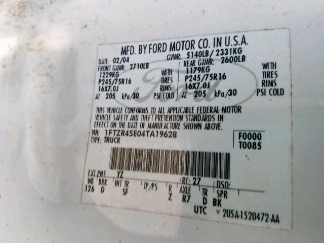 1FTZR45E04TA19628 - 2004 FORD RANGER SUP WHITE photo 10