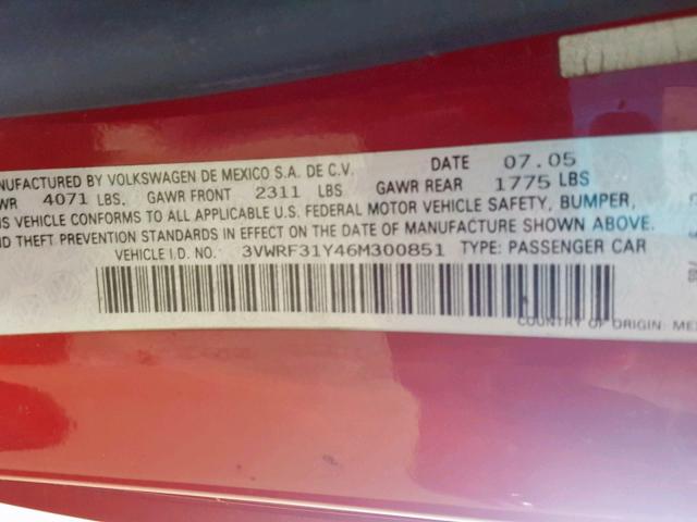 3VWRF31Y46M300851 - 2006 VOLKSWAGEN NEW BEETLE წითელი ფოტო 10