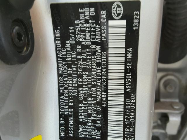 4T4BF1FK2ER413366 - 2014 TOYOTA CAMRY L SILVER photo 10