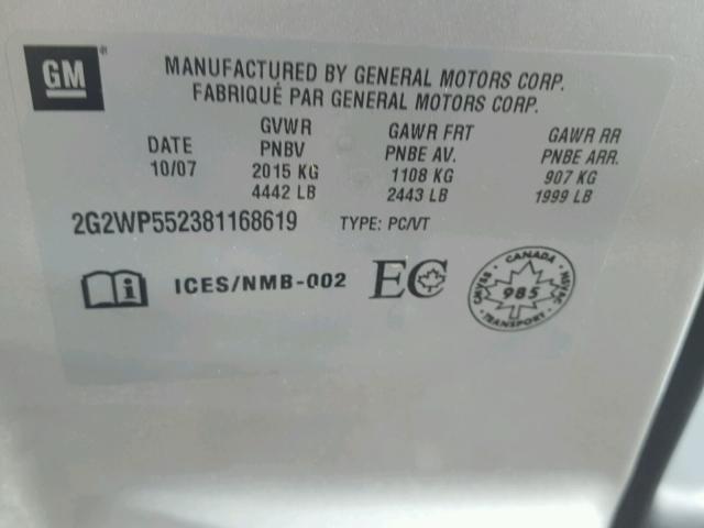 2G2WP552381168619 - 2008 PONTIAC GRAND PRIX SILVER photo 10