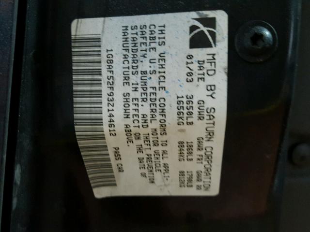 1G8AF52F93Z144612 - 2003 SATURN ION LEVEL BLACK photo 10