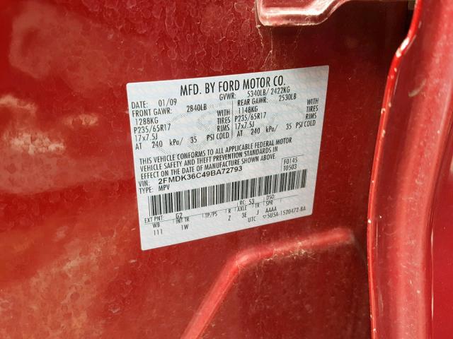 2FMDK36C49BA72793 - 2009 FORD EDGE SE RED photo 10