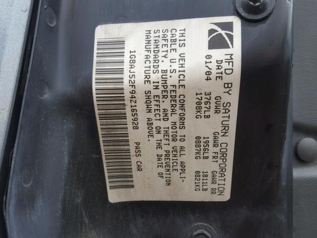 1G8AJ52F94Z165928 - 2004 SATURN ION LEVEL GRAY photo 10