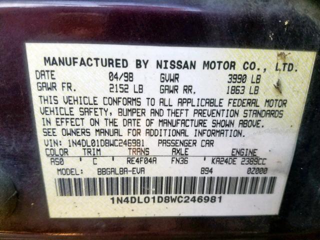 1N4DL01D8WC246981 - 1998 NISSAN ALTIMA XE BURGUNDY photo 10