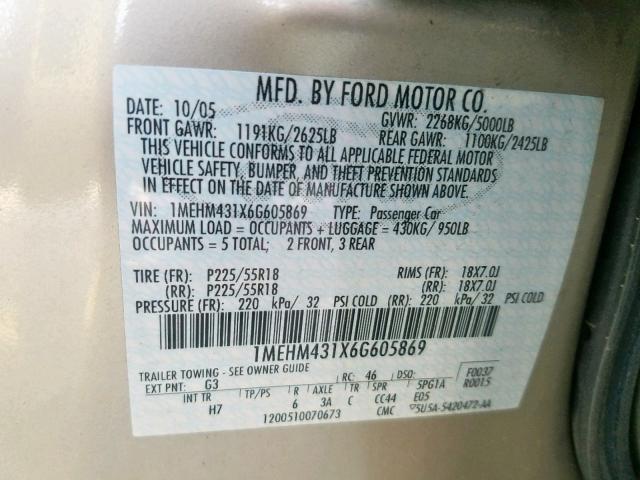 1MEHM431X6G605869 - 2006 MERCURY MONTEGO PR ოქროსფერი ფოტო 10