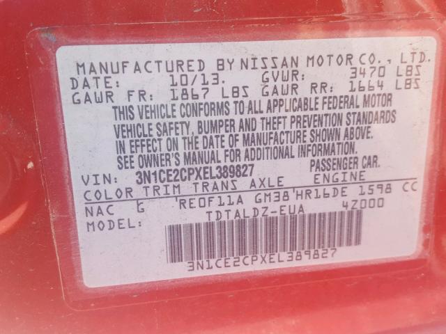 3N1CE2CPXEL389827 - 2014 NISSAN VERSA NOTE RED photo 10