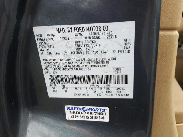 1FMCU0D7XAKA63357 - 2010 FORD ESCAPE XLT BLUE photo 10