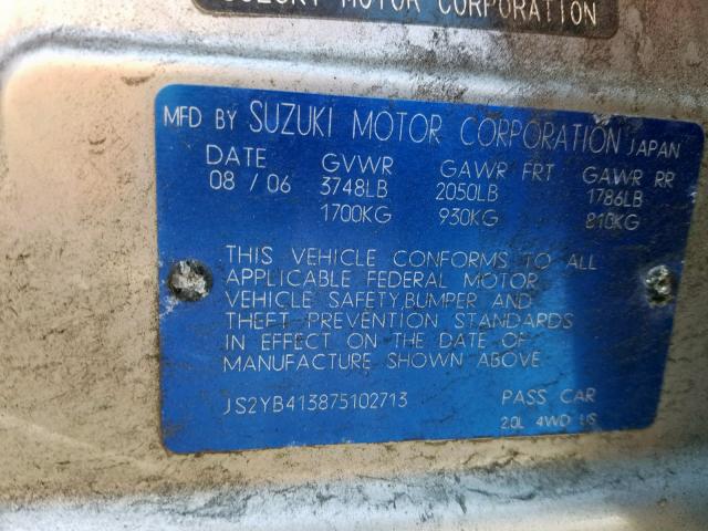 JS2YB413875102713 - 2007 SUZUKI SX4 SILVER photo 10