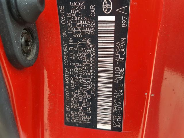 JTKDE177750053693 - 2005 TOYOTA SCION TC RED photo 10