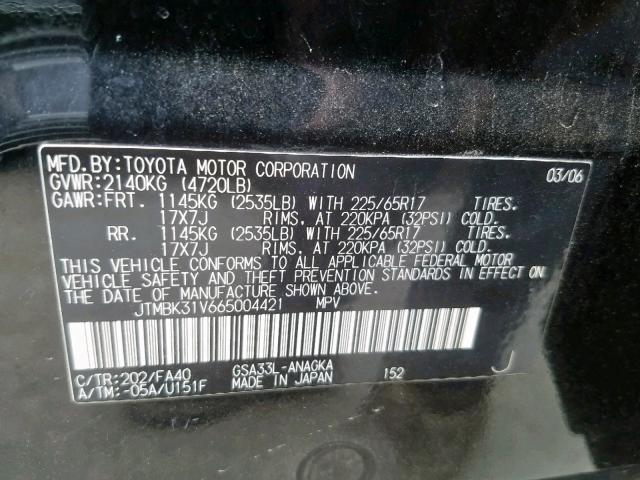 JTMBK31V665004421 - 2006 TOYOTA RAV4 LIMIT BLACK photo 10