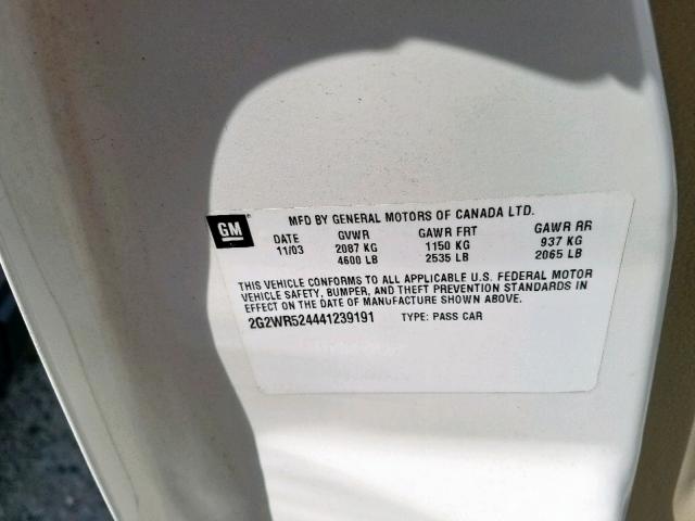 2G2WR524441239191 - 2004 PONTIAC GRAND PRIX WHITE photo 10