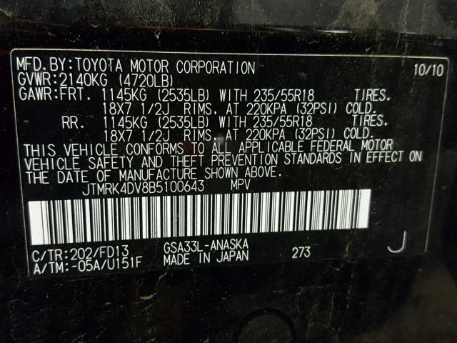 JTMRK4DV8B5100643 - 2011 TOYOTA RAV4 SPORT BLACK photo 10