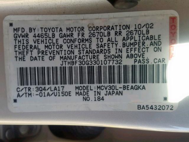 JTHBF30G330107732 - 2003 LEXUS ES 300 SILVER photo 10