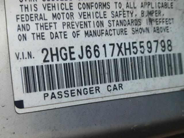 2HGEJ6617XH559798 - 1999 HONDA CIVIC BASE SILVER photo 10