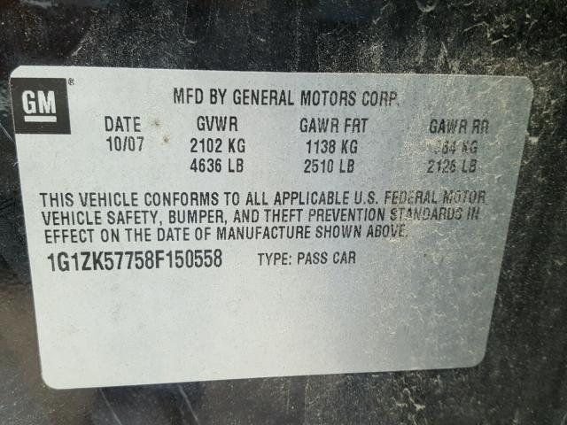 1G1ZK57758F150558 - 2008 CHEVROLET MALIBU LTZ CHARCOAL photo 10