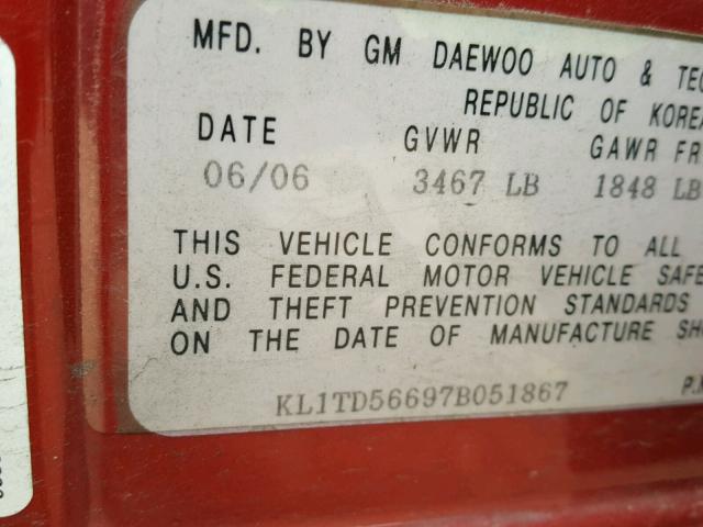 KL1TD56697B051867 - 2007 CHEVROLET AVEO BASE Қызыл фото 10