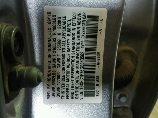 19XFC1F76GE043562 - 2016 HONDA CIVIC EXL SILVER photo 10