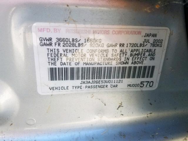 JA3AJ26E53U011121 - 2003 MITSUBISHI LANCER ES GRAY photo 10