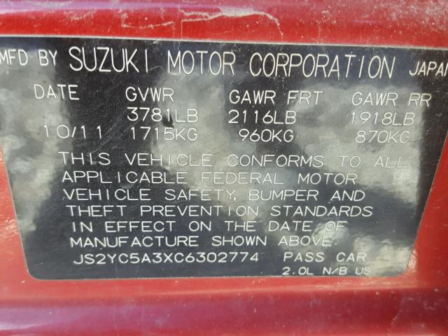 JS2YC5A3XC6302774 - 2012 SUZUKI SX4 LE RED photo 10