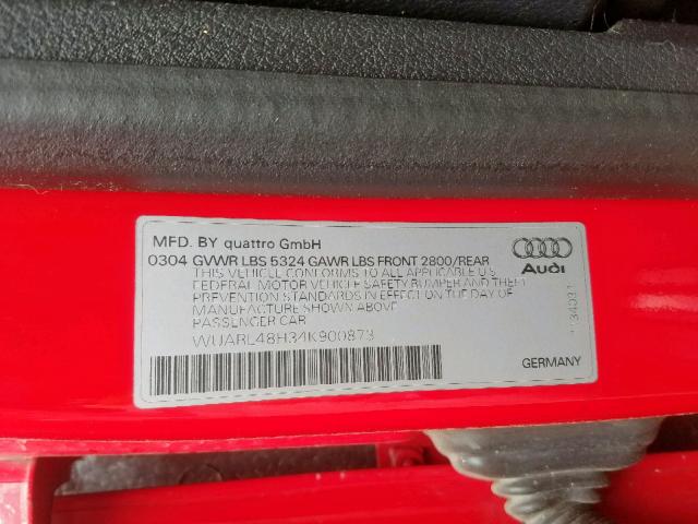 WUARL48H34K900873 - 2004 AUDI S4 QUATTRO RED photo 10