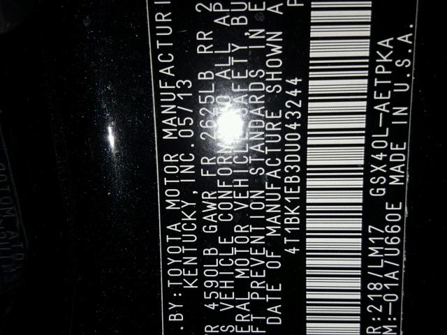 4T1BK1EB3DU043244 - 2013 TOYOTA AVALON BAS Қара фото 10