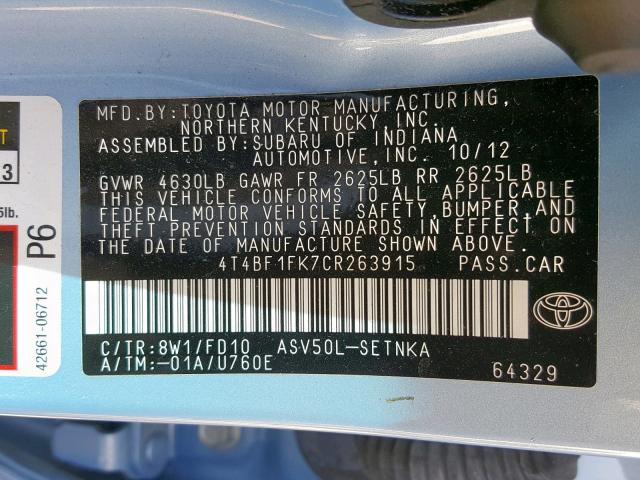 4T4BF1FK7CR263915 - 2012 TOYOTA CAMRY BASE BLUE photo 10