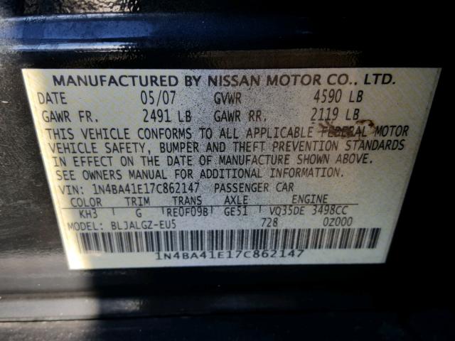 1N4BA41E17C862147 - 2007 NISSAN MAXIMA SE BLACK photo 10