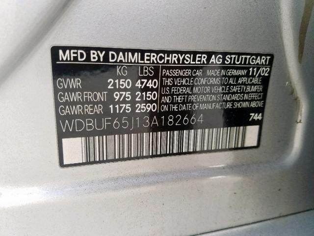 WDBUF65J13A182664 - 2003 MERCEDES-BENZ E 320 SILVER photo 10