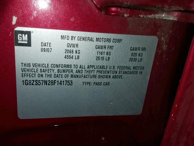 1G8ZS57N28F141753 - 2008 SATURN AURA XE RED photo 10