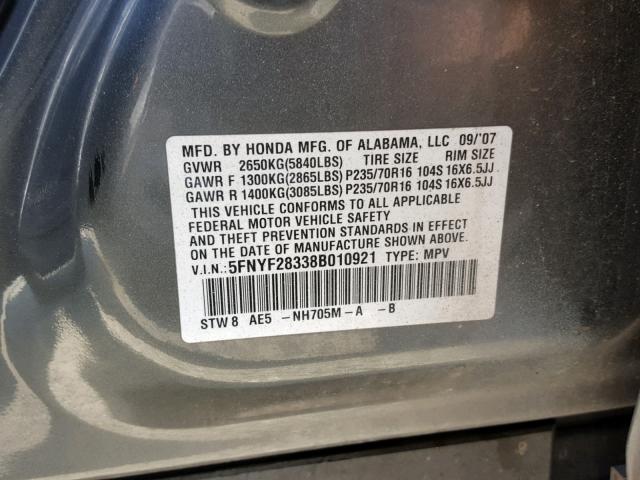 5FNYF28338B010921 - 2008 HONDA PILOT SE CHARCOAL photo 10