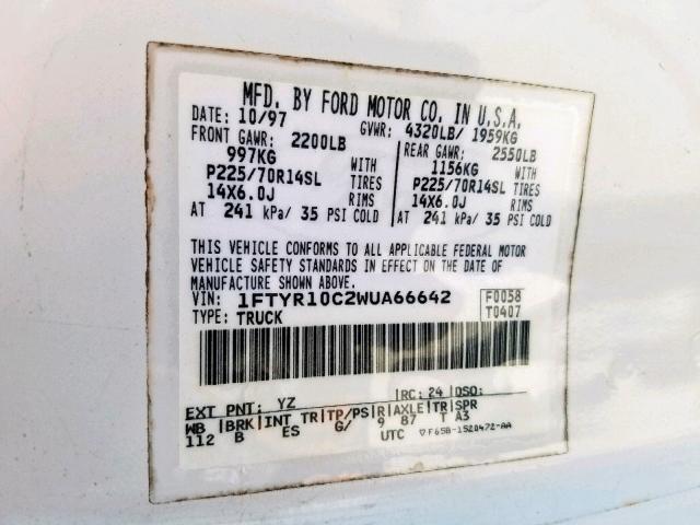 1FTYR10C2WUA66642 - 1998 FORD RANGER WHITE photo 10