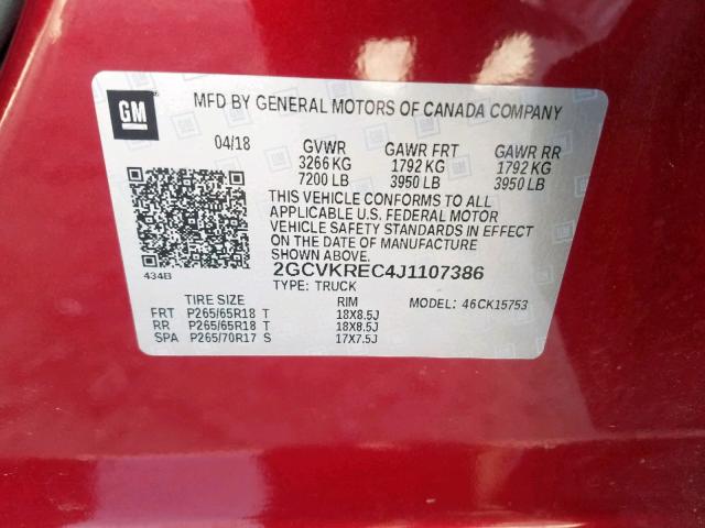 2GCVKREC4J1107386 - 2018 CHEVROLET SILVERADO RED photo 10