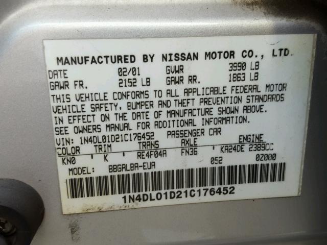 1N4DL01D21C176452 - 2001 NISSAN ALTIMA XE SILVER photo 10