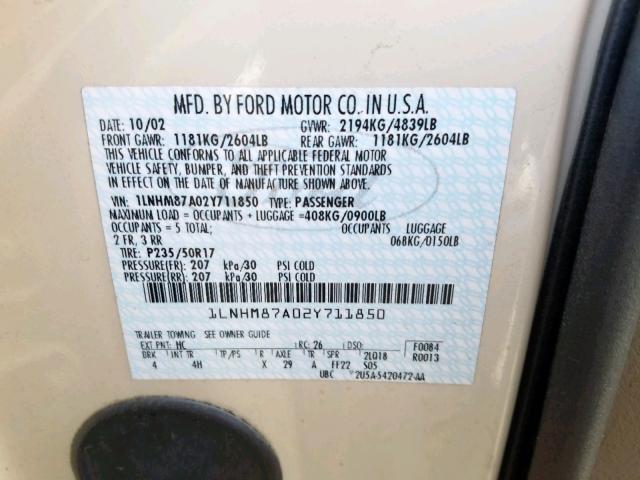 1LNHM87A02Y711850 - 2002 LINCOLN LS 奶油色 照片 10