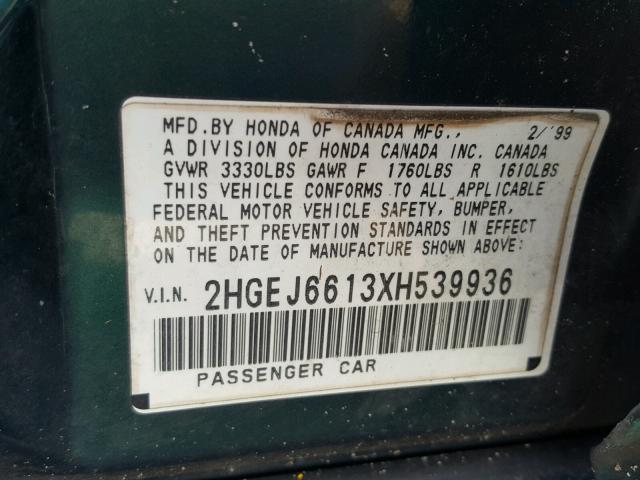 2HGEJ6613XH539936 - 1999 HONDA CIVIC BASE GREEN photo 10