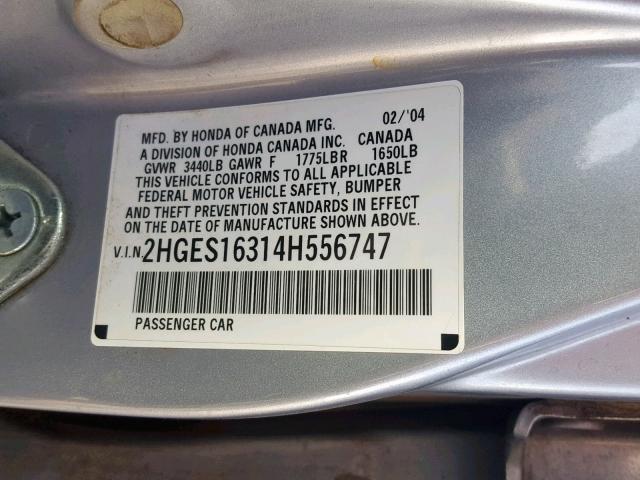 2HGES16314H556747 - 2004 HONDA CIVIC DX V SILVER photo 10