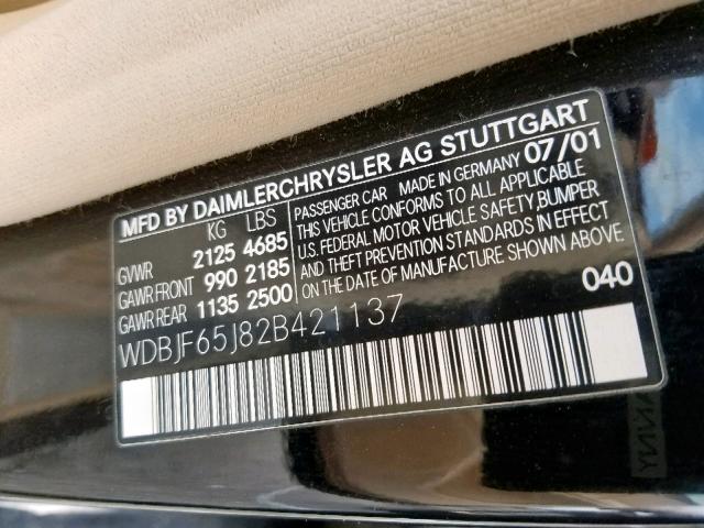 WDBJF65J82B421137 - 2002 MERCEDES-BENZ E 320 BLACK photo 10