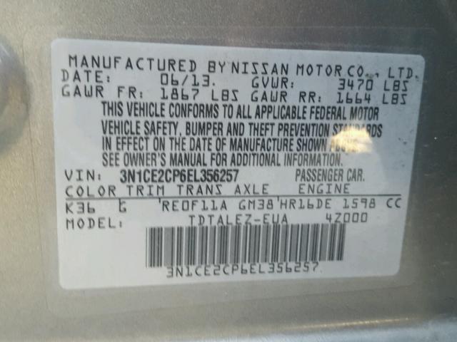 3N1CE2CP6EL356257 - 2014 NISSAN VERSA NOTE GRAY photo 10