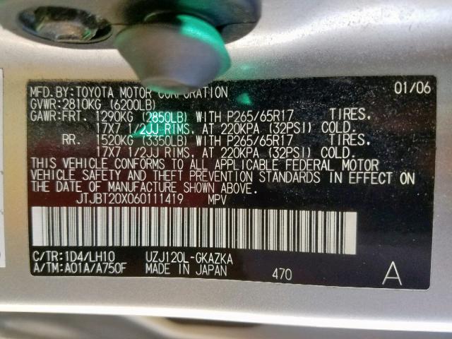 JTJBT20X060111419 - 2006 LEXUS GX 470 SILVER photo 10