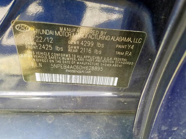 5NPEB4AC6DH628895 - 2013 HYUNDAI SONATA GLS BLUE photo 10