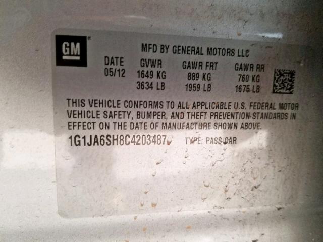 1G1JA6SH8C4203487 - 2012 CHEVROLET SONIC LS SILVER photo 10